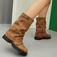 thumbnail image 5 of Women's Leather Slouchy platform Buckle Mid-Calf Boots Comfort Wide Round Toe Slip On lug sole Motorcycle Combat Boots, 5 of 6