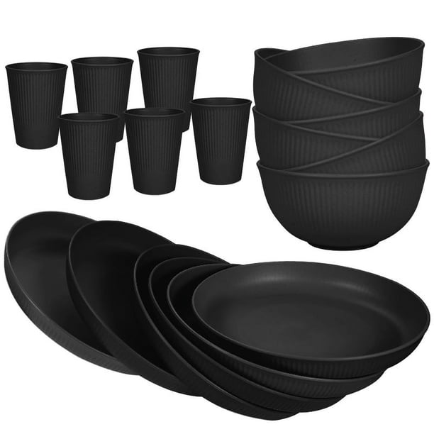XmhyTop-A Juego de 18 platos llanos, Vajilla para comidas familiares, vajilla de cocina de paja de trigo, para 6 personas, color negro