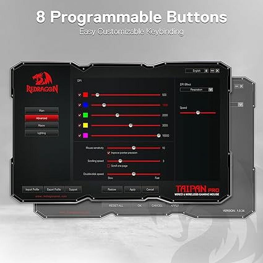 Redragon M810 Pro Wireless Gaming Mouse, 10000 DPI Wired Gamer Mouse w/ Rapid Fire Key, 8 Macro Buttons, Black/White Mouse