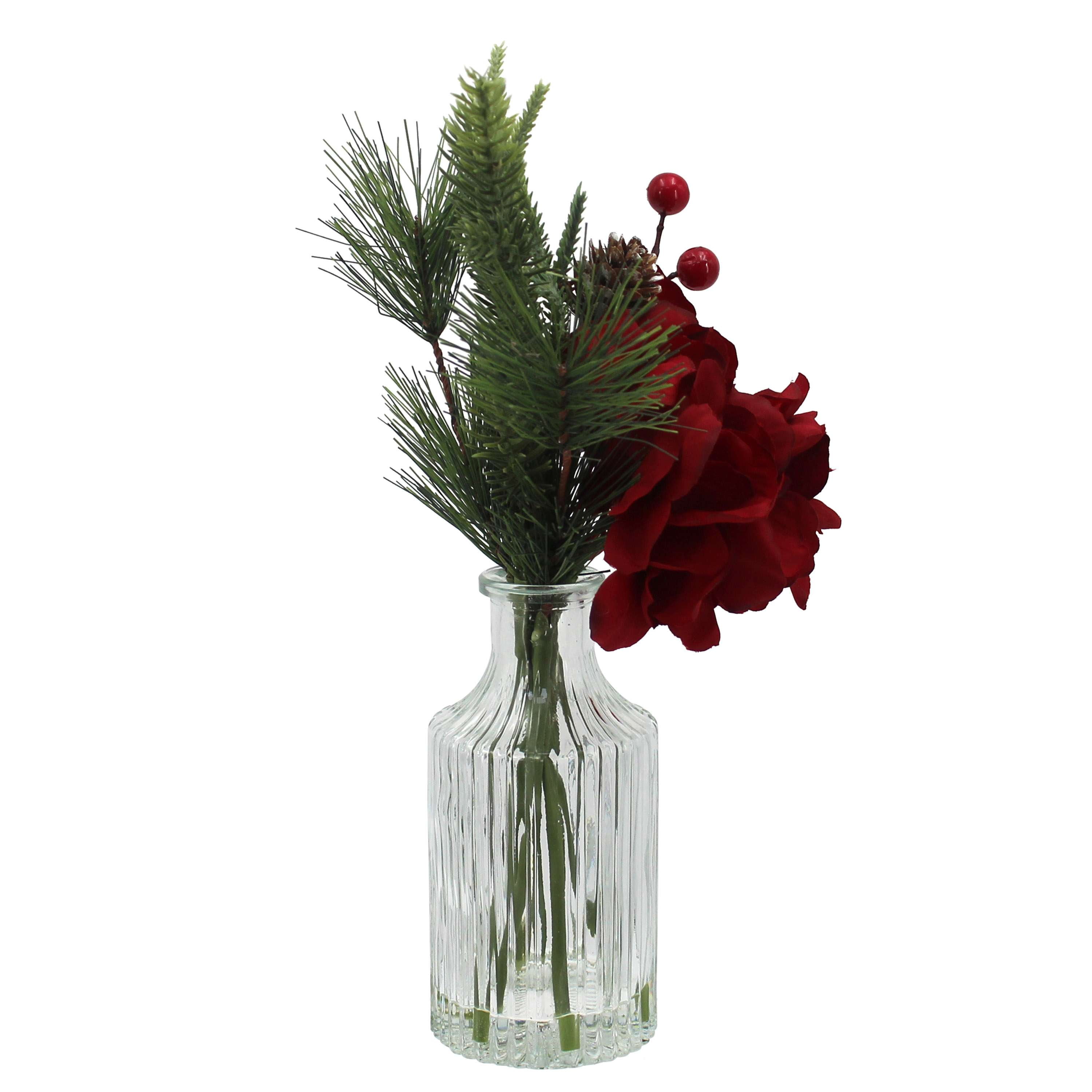 Mainstays 11.5" Decorative Tabletop Artificial Christmas Red Floral Hydrangea in Clear Ribbed Glass Vase