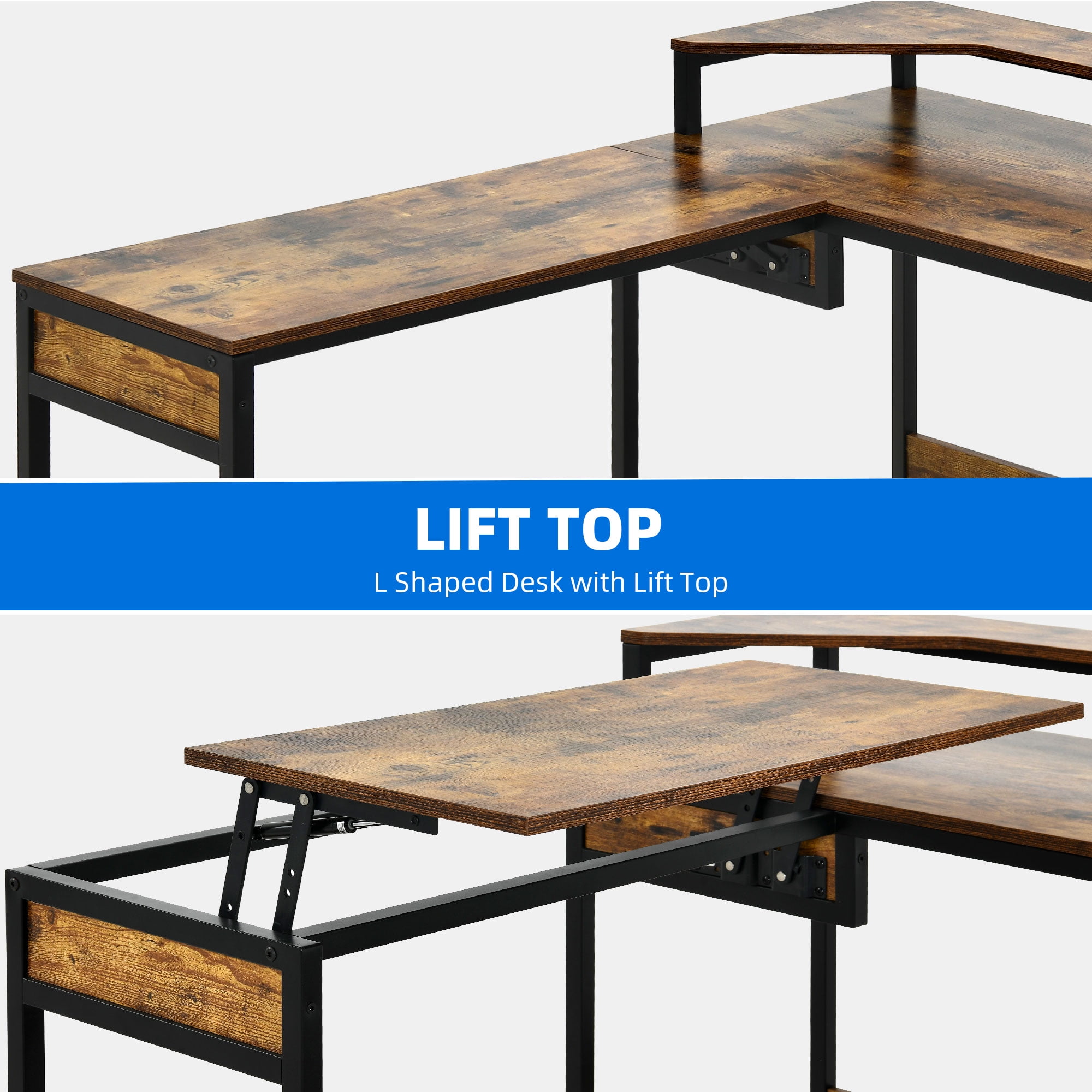 Uforic 65" L Shaped Desk with Lift Top & Monitor Stand, Computer Desk with File Drawer, Corner Desk Office Desk Executive Desk with Storage Shelves for Home Office, Brown