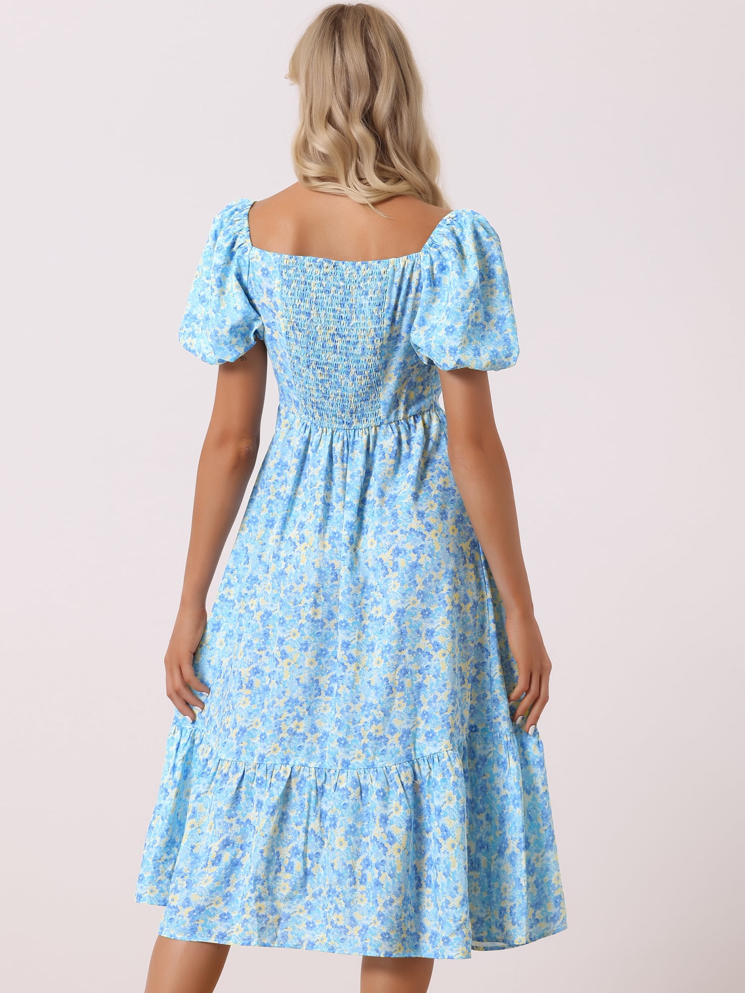 DARING DIVA  Boho Floral Print Midi Puff A-Line Dress XL Blue