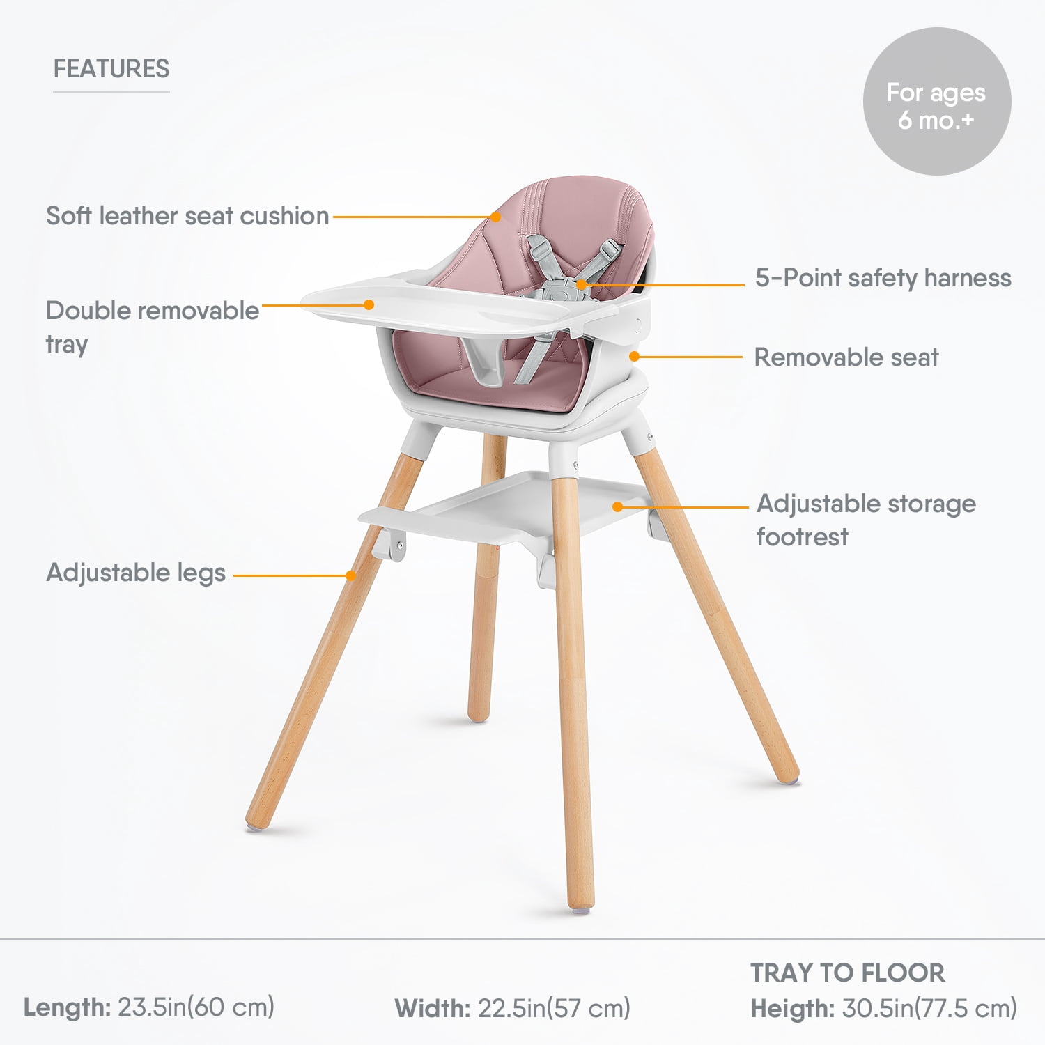 Babyomi Convertible High Chair for 2 Babies, 11-in-1 Wooden Booster with Double Easy-Clean Trays & PU Cushion, (Pink)