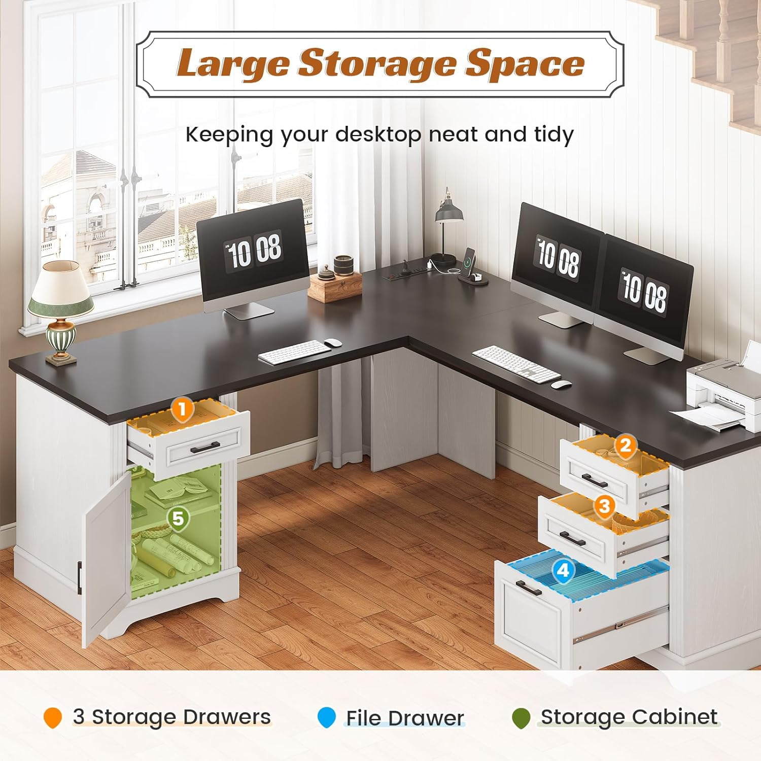 L Shaped Office Desk with Large Workspace & Charging Station, Wood Desk with 4 Drawers & Cabinet, White & Black