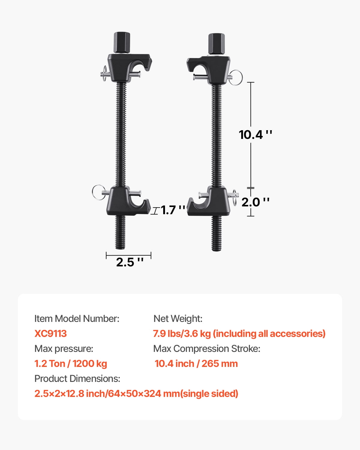 VEVOR Strut Spring Compressor, 2 Pack, Heavy Duty Coil Spring Compressor Tool with 10.4 Inches(256 mm) Range, Compatible with 0.86 inches(22 mm) Hex Sockets, Fit for Car Truck Motorcycle, Black