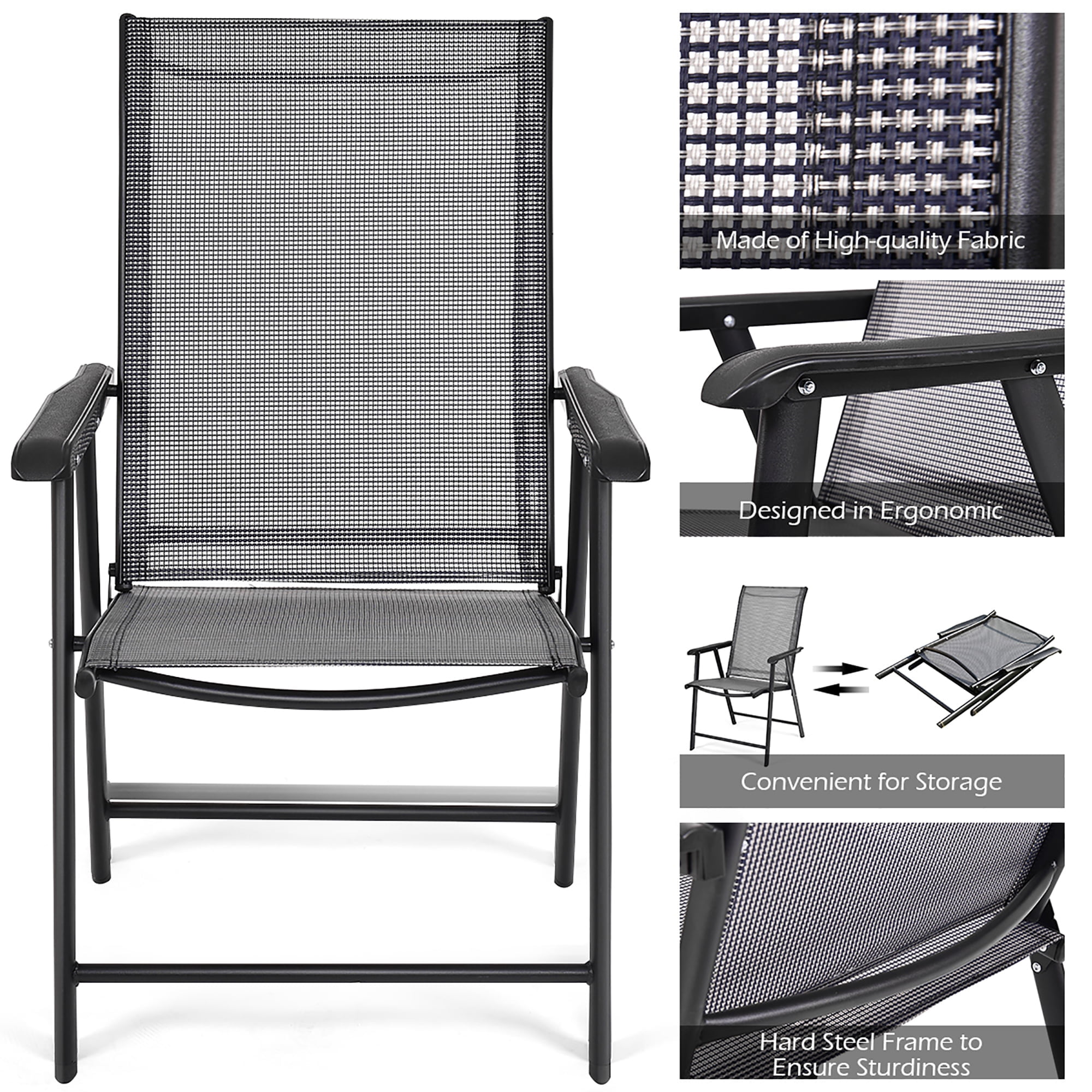 Costway Set of 4 Outdoor Patio Folding Chairs Camping Deck Garden Pool Beach W/Armrest,Steel frame and Textilene