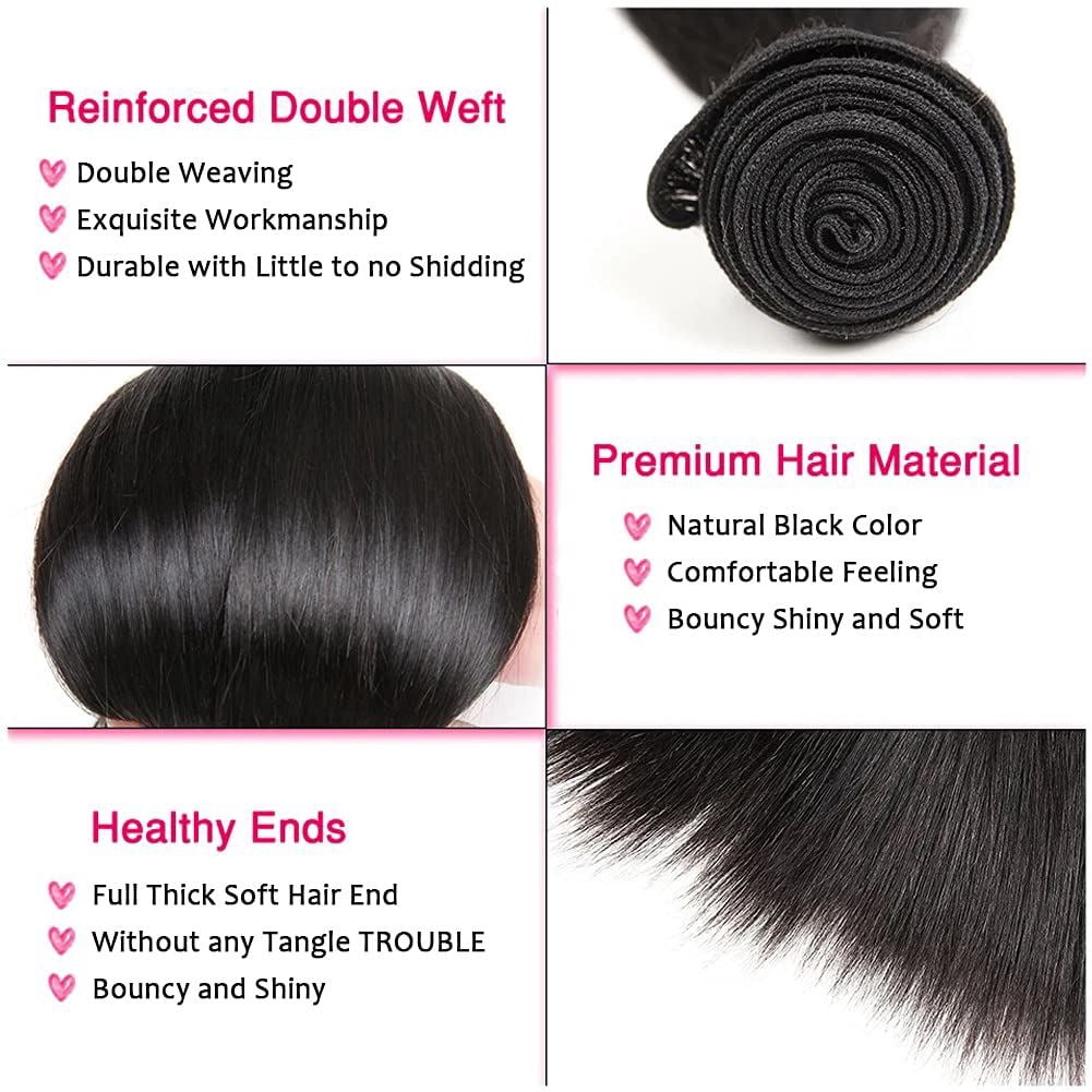 Brazilian Straight Hair 10A Unprocessed Straight Human Hair 3 Bundles Virgin Hair Straight Bundles Natural Color Can Be Dyed and Bleached (14" 14" 14")