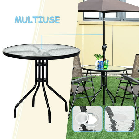 32 Patio Round Table Tempered Glass, Outdoor Dining Table With Umbrella Hole Canada