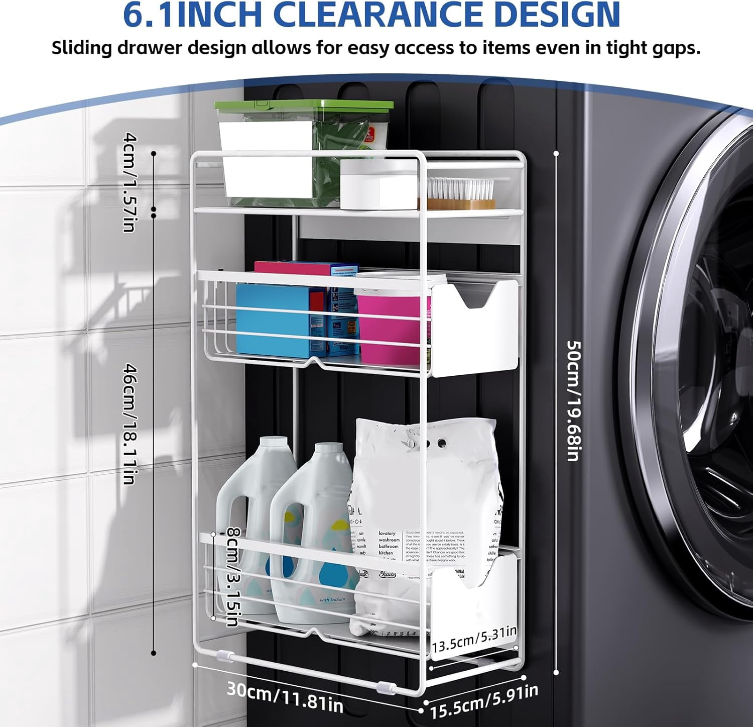 3 Tier Magnetic Shelves for Washing Machine with Pull Out Metal Drawer,Magnetic Spice Rack for Fridge,Magnetic Rack with no Installation, Versatile Storage Organizers for Home (White, 3 Tier)