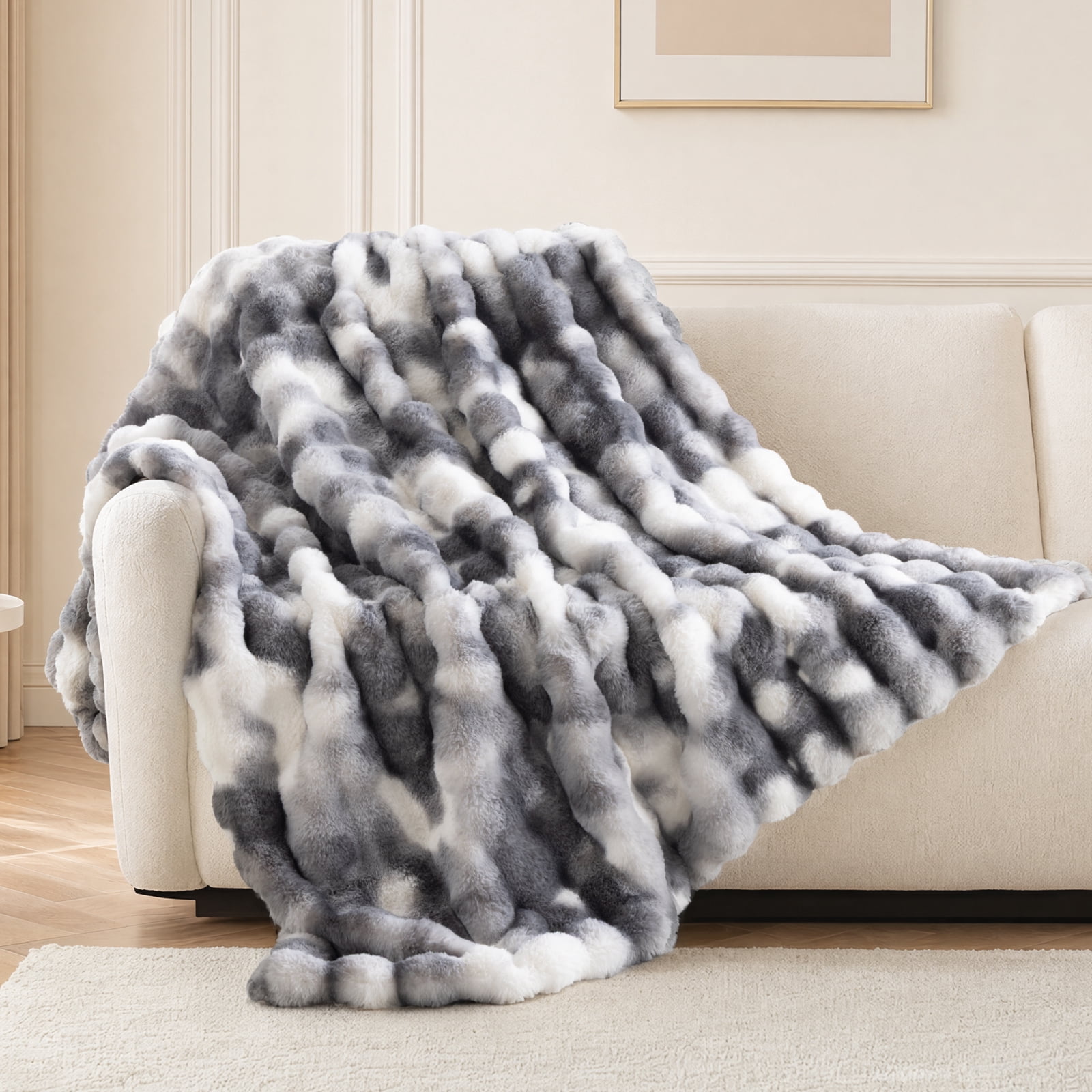 Cozylore Faux Fur Throw Blanket for Bed Luxury Fluffy Thick Bubble Blanket Warm Cozy Throw for Bedroom Living Room, 60" x 80", Tie-Dye Gray