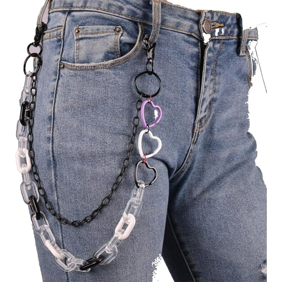 Gothic Acrylic Layered Rock Hip Hop Pants Jean Chain Heart Rings Pendant Layered Punk Trousers Chains Biker Heavy Thick Wallet Pocket Chains Silver Keychains Body Chain for Men and Women