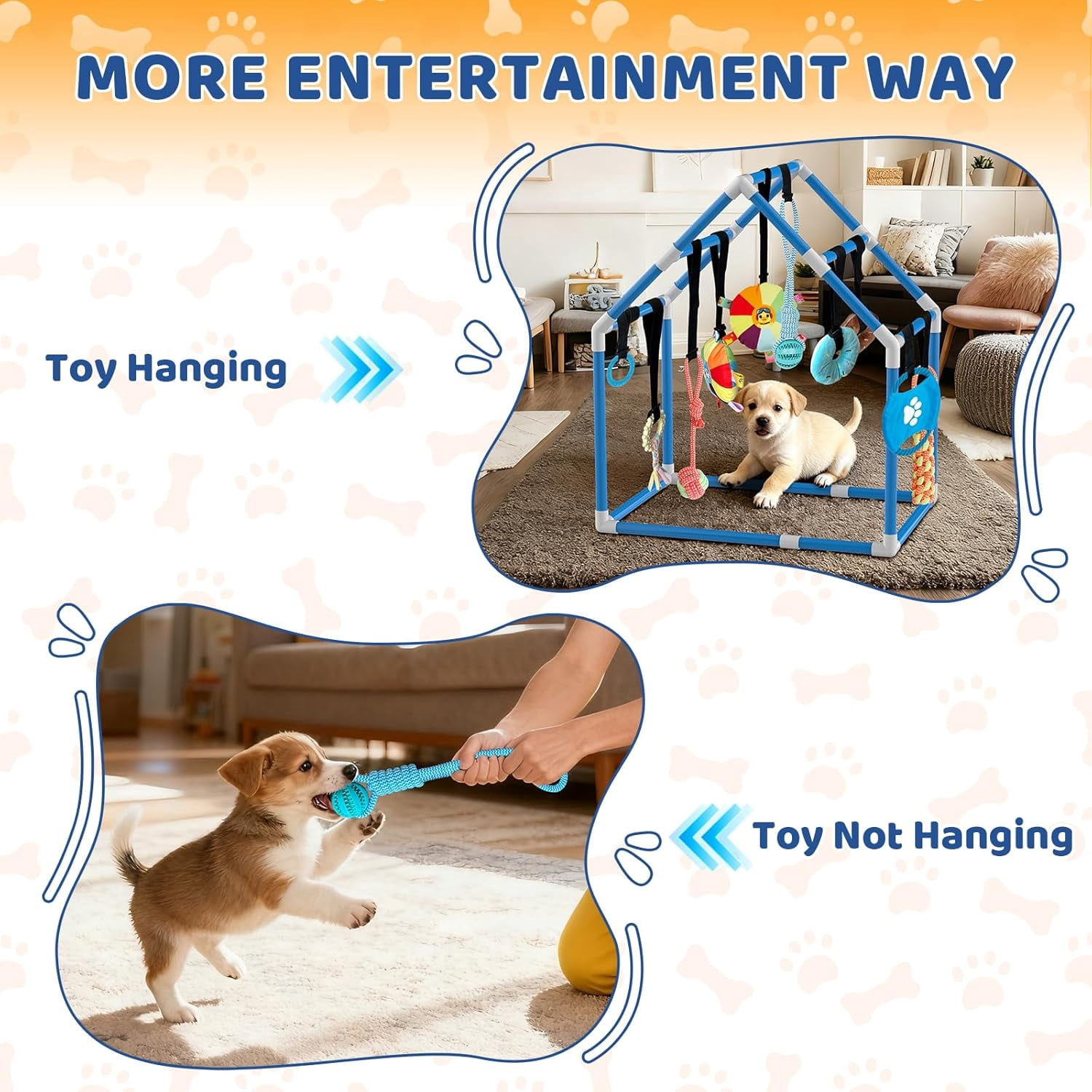 Play Gym for Small Dogs with PVC Frame, 10 Hanging Toys & Stretchy Ropes for Indoor Enrichment Activity