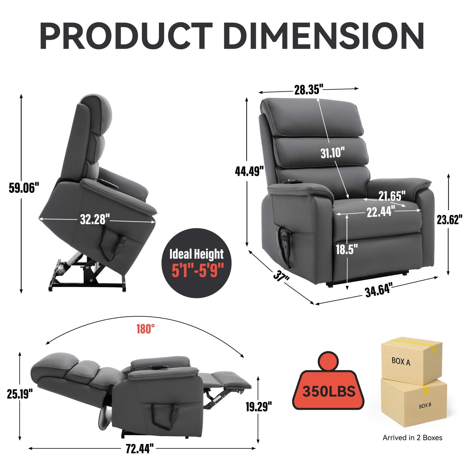 MAYEERTY Grey Cat-Proof Leather Dual Motor Power Lift Recliner, 350lbs Infinite Position Massage Heat 37"x37"x45"