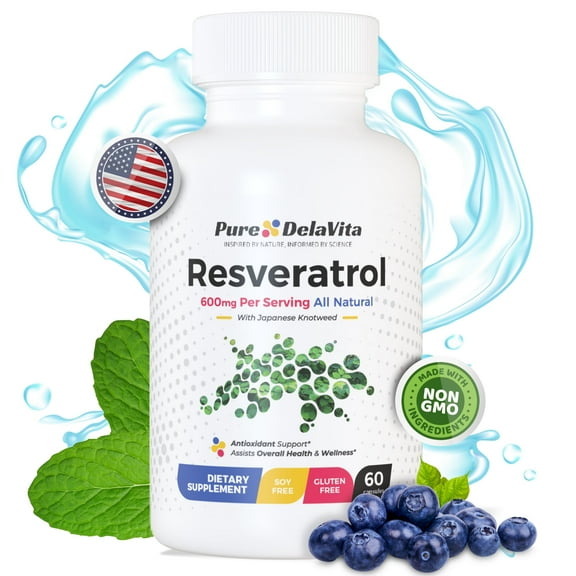 Resveratrol Supplement with Antioxidants, Anti Aging, Heart & Immune Health 600mg per Serving, 60 Capsules, Japanese Knotweed, Gluten & Soy Free