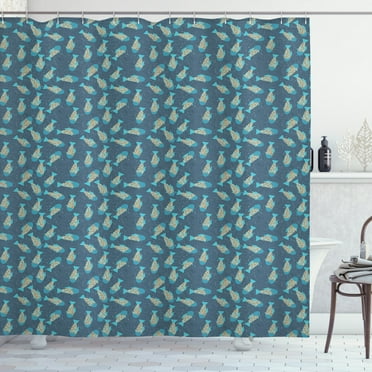 Fish Shower Curtain, Underwater Animals with Curved Stripes Nautical Nature Arrangement, Fabric Bathroom Set with Hooks, 69W X 70L Inches, Slate Blue Pale Blue Orange, by Ambesonne