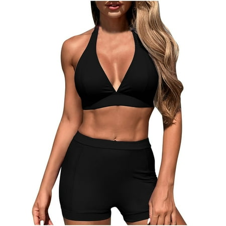 Clearance UTSJKR Womens Two Piece Bikini Sets Halter Bikini Top Tie Back Padded Bathing Suit Push Up Swimsuit Top with High Waisted Bathing Suit Bottoms Black 4-6