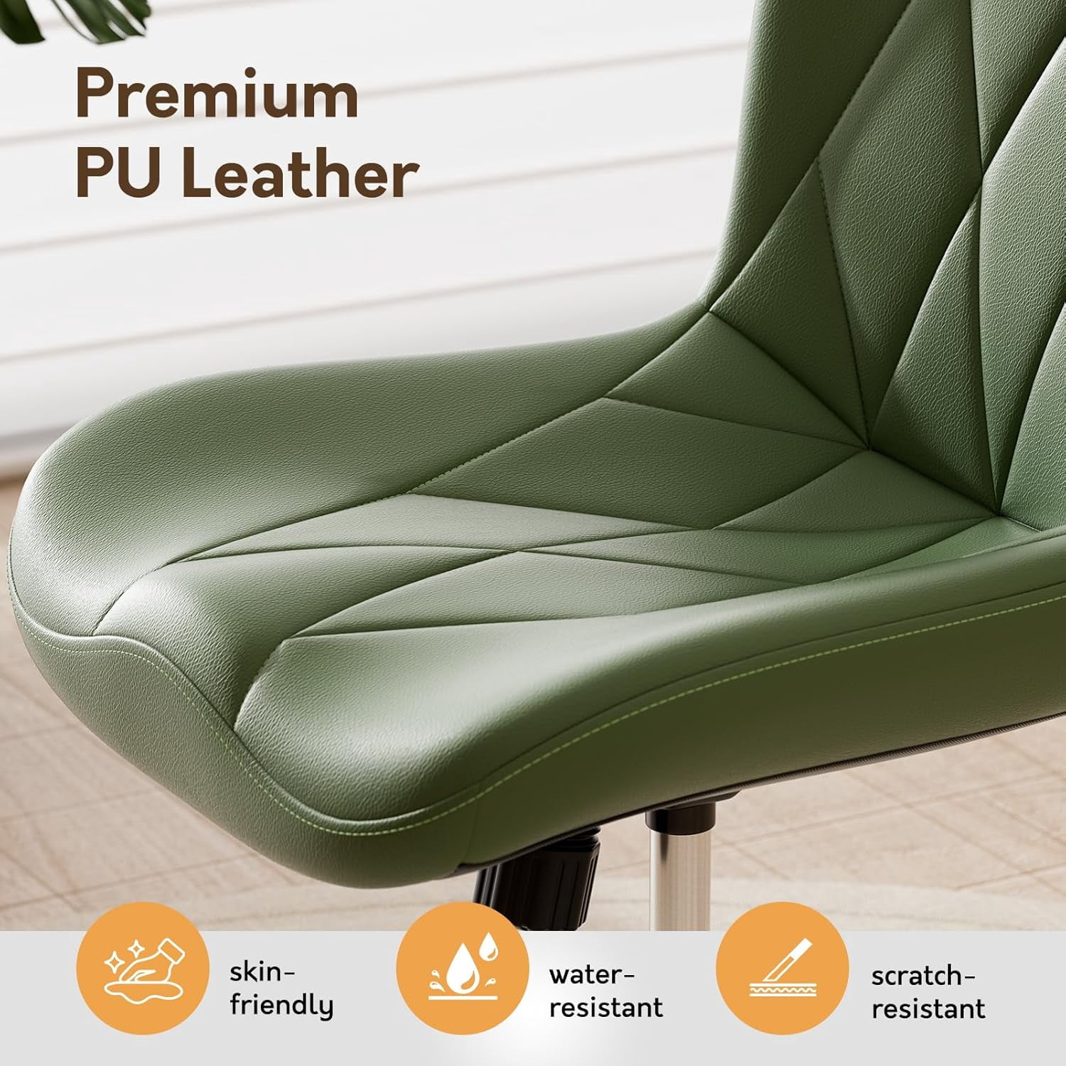 HomeZeer Space Saving Armless Office Chair with Wheels, Adjustable Height PU Leather Swivel Computer Task Chair, Soft Padded Mid Back Vanity Chair Design for Home Office & Small Spaces, Green