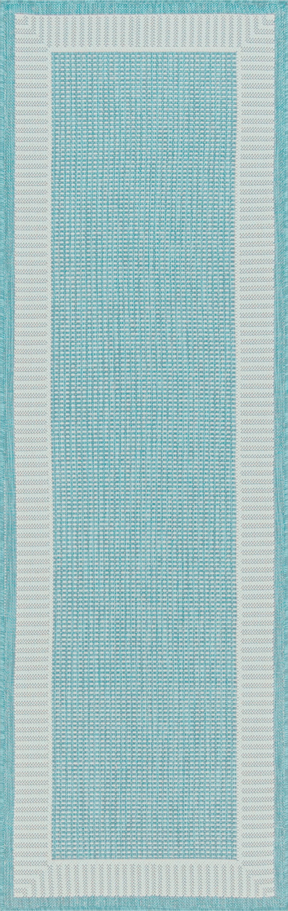 Bliss Rugs Striped Border Indoor Outdoor Rug Water Resistant Runner Rug for Patio, Hallway, Entryway, Deck, Aqua ,2' x 8'