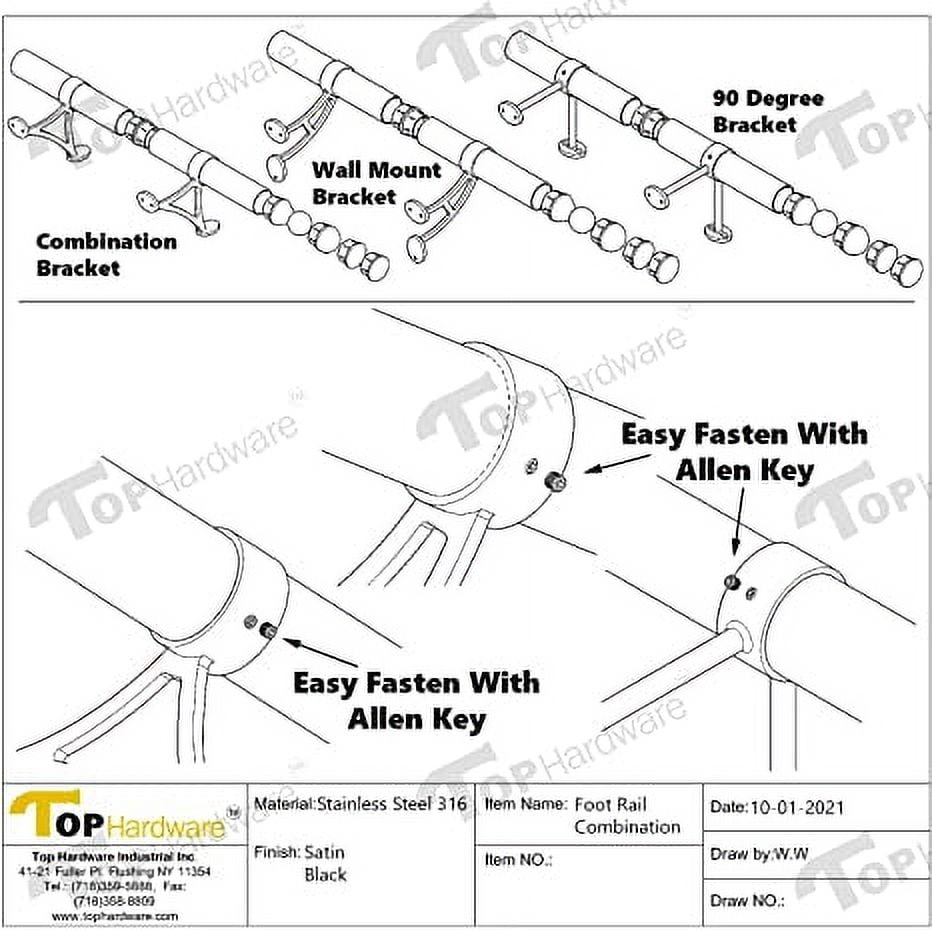 Solid Bar Mount Foot Rail Kit, Matt Black Stainless Steel Tubing w/Internal Connector, Combination Foot Rail Brackets, Tapered End Cap, 5 ft = 60 in x 1