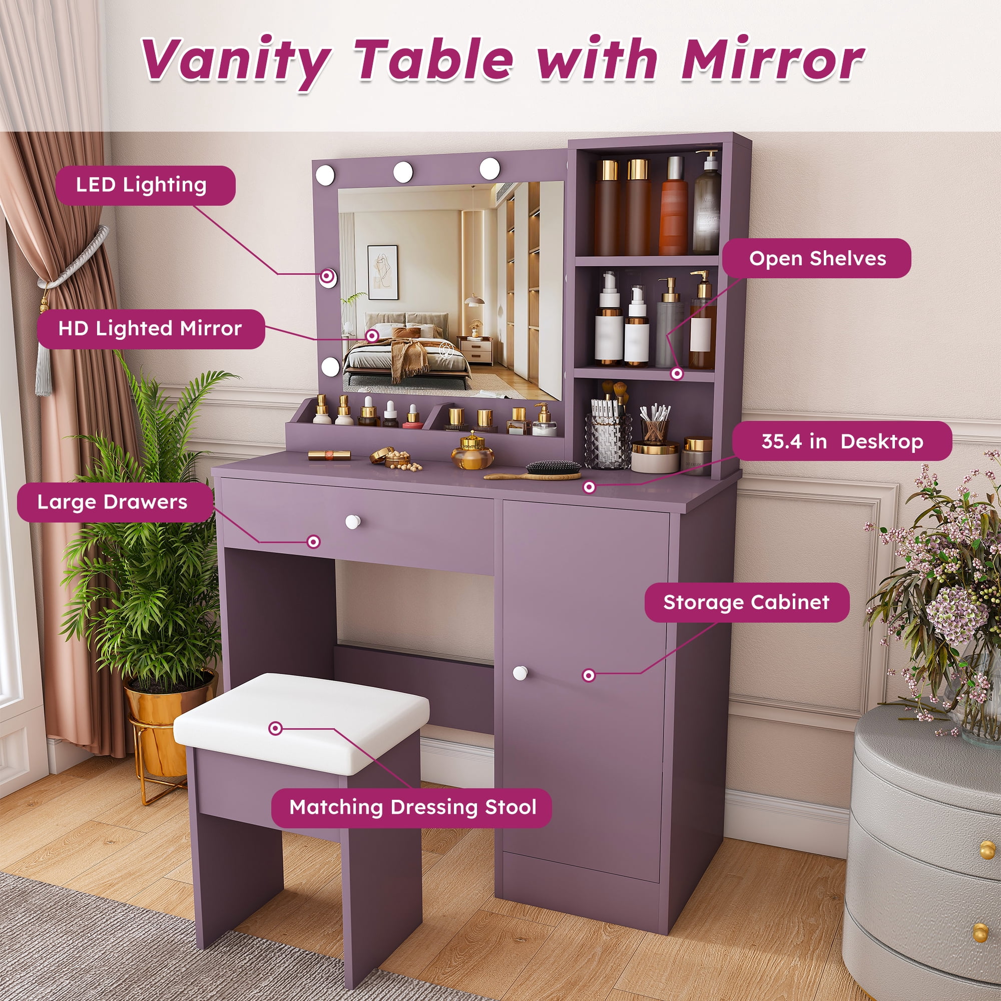 Vanity Desk Set with Padded Stool & Adjustable Lighted Mirror (Round Bulbs, 3 Color Modes), Modern Bedroom Makeup Vanity Desk Combo, Purple