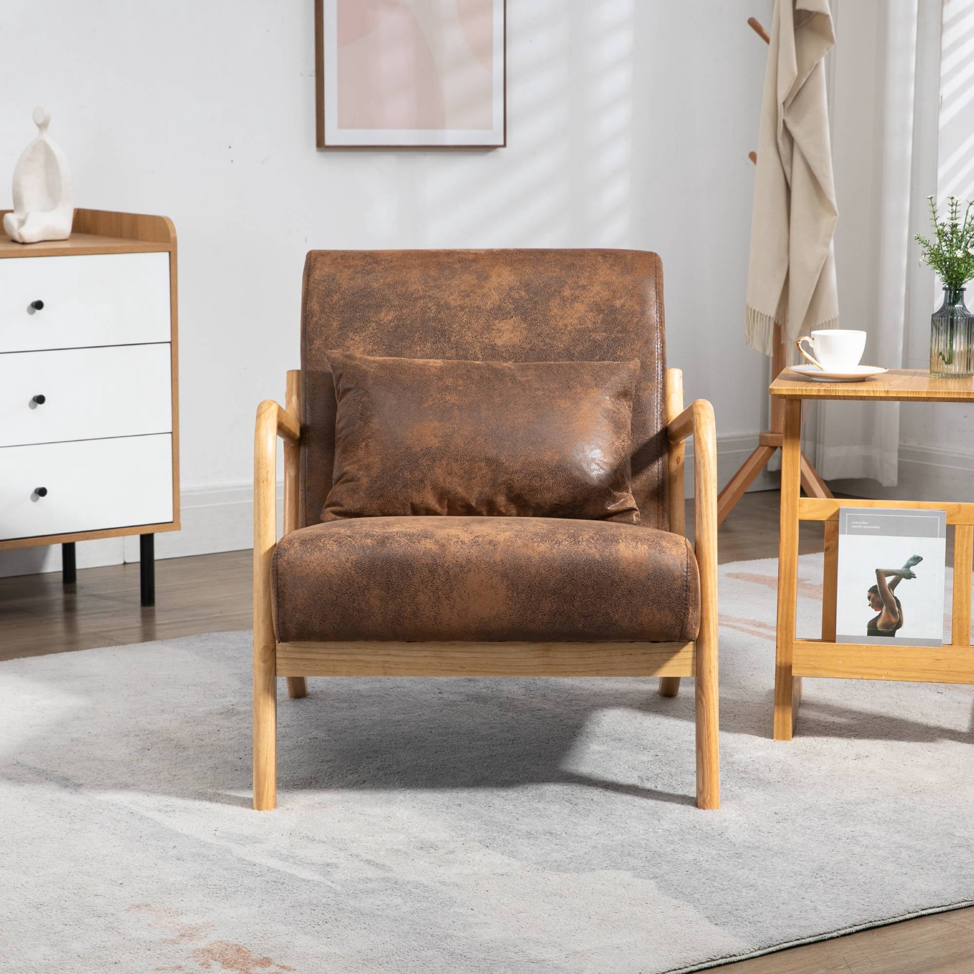 Mid-Century Modern Accent Chair with Pillow Linen Lounge Arm Chair Comfy Reading Chair with Solid Wood Frame for Living Room, Bedroom, Brown