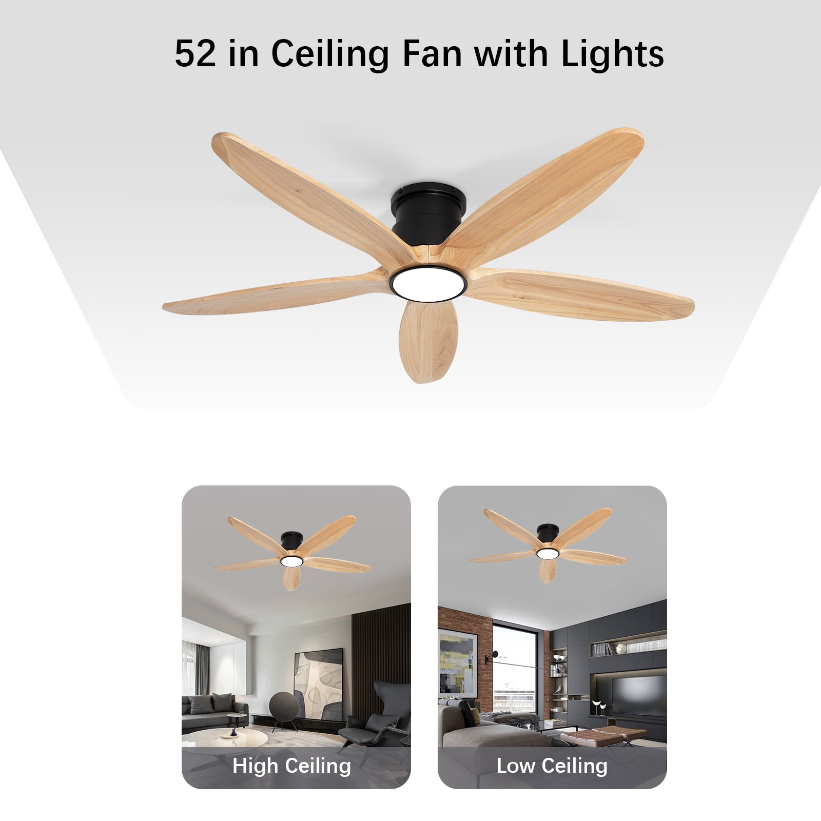 Wozzio 52 Inch Flush Mount DC Ceiling Fan with Lights And Remote, 5 Reversible Carved Wood Blades, 6-Speed Noiseless DC Motor, Suitable for Bedroom, Living Room, Office And Other Indoor Places