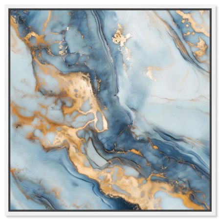 Golden Cloud Marble Canvas Blue Abstract Art by Art Remedy White Frame 12 x 12