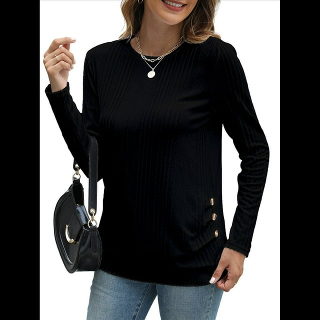 Camisas de Larga para Mujer, Túnicas, Blusas Holgadas, Elegantes, Cuello Redondo, Suéteres Básicos. Negro L