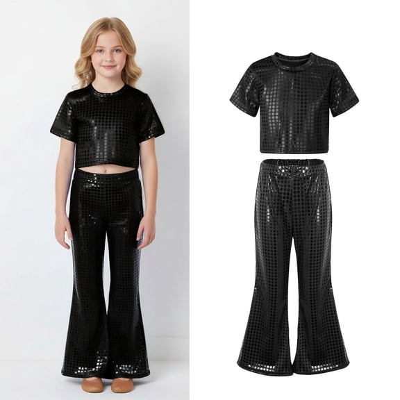 Teen Dance Sequin Black Dance Short Sleeve Top and Flared Pants Two Piece Set Girls Dance Clothes Performance Dancewear 12-14 Years