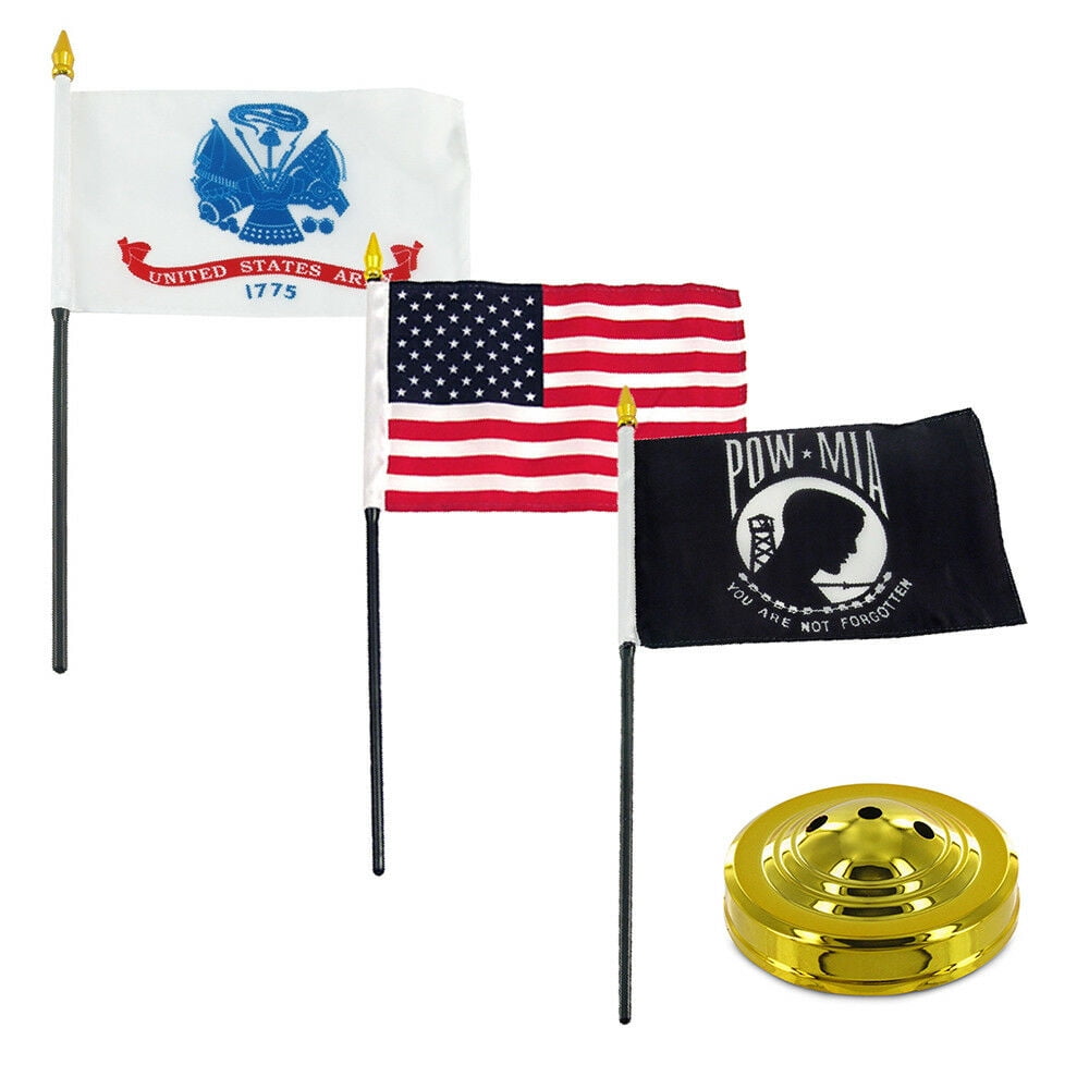 USA Pow Mia 3 Flags 4"x6" Desk Set Table Stick Gold Base EGA Marines 
