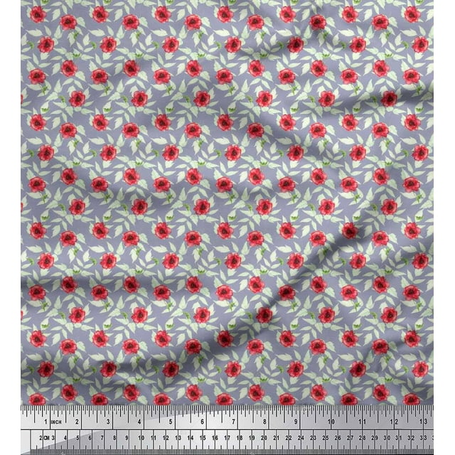 Soimoi Moss Georgette Fabric Leaves & Poppy Floral Print Fabric by Yard 42 Inch Wide