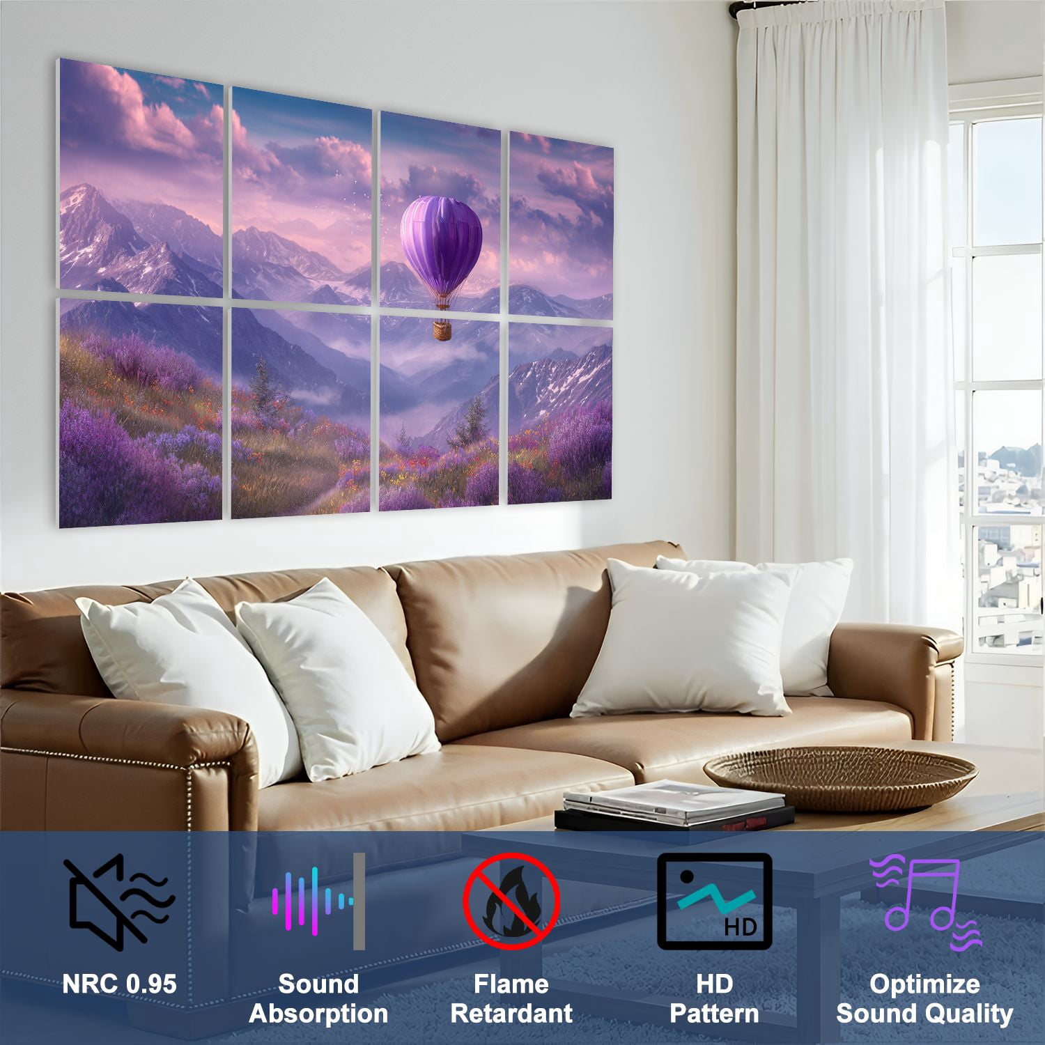 8 Pack Art Acoustic Panels Sound Absorbing Hot Air Balloon Decorative Soundproof Wall Panels Self Adhesive for Nursery Game Room Bedroom 48"x32"