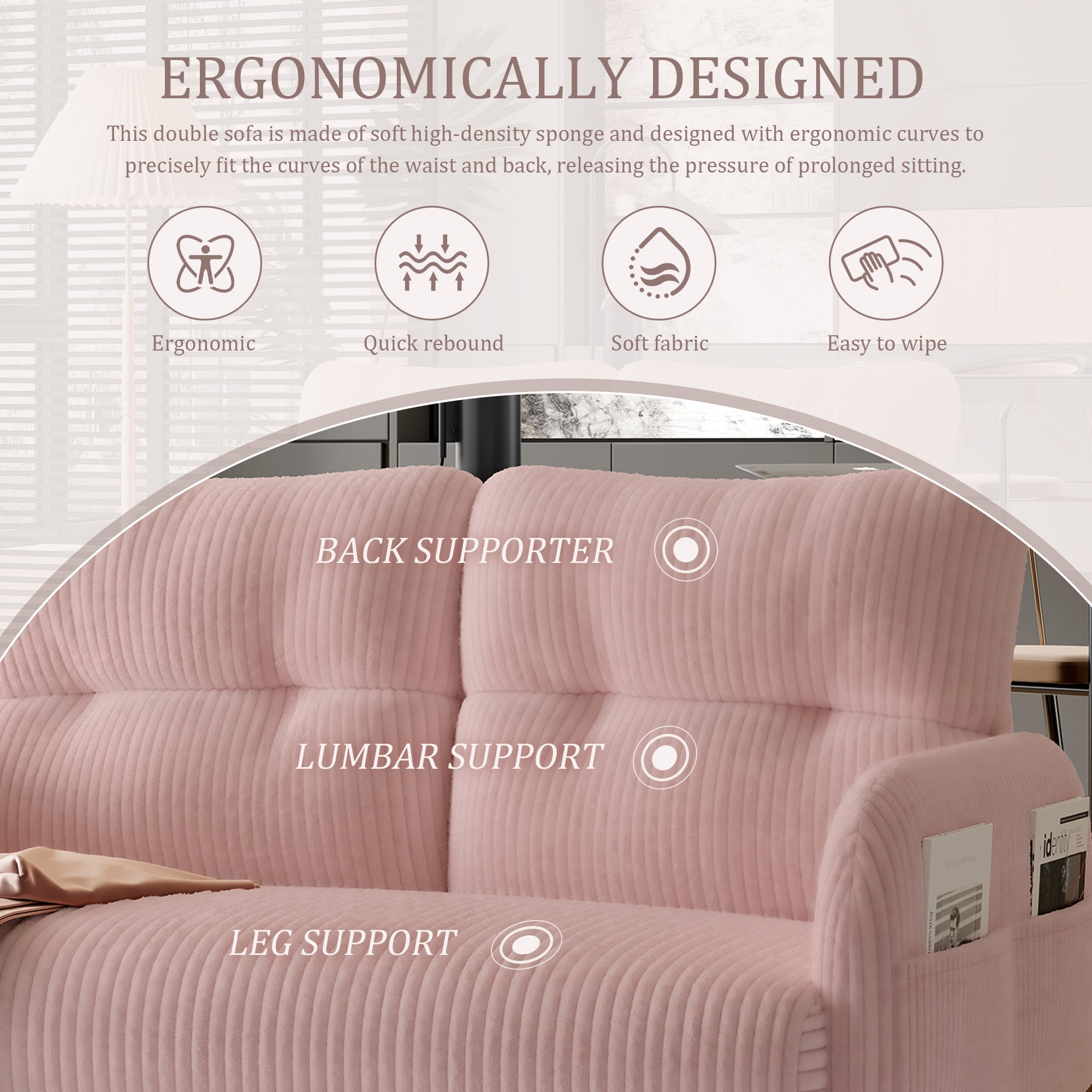 Sofa for Living Room, Corduroy Sofa, Double Seater Sofa with Side Pockets and Ergonomic Support, High Density Foam, Modern Monochrome Design, Pink Corduroy Fabric