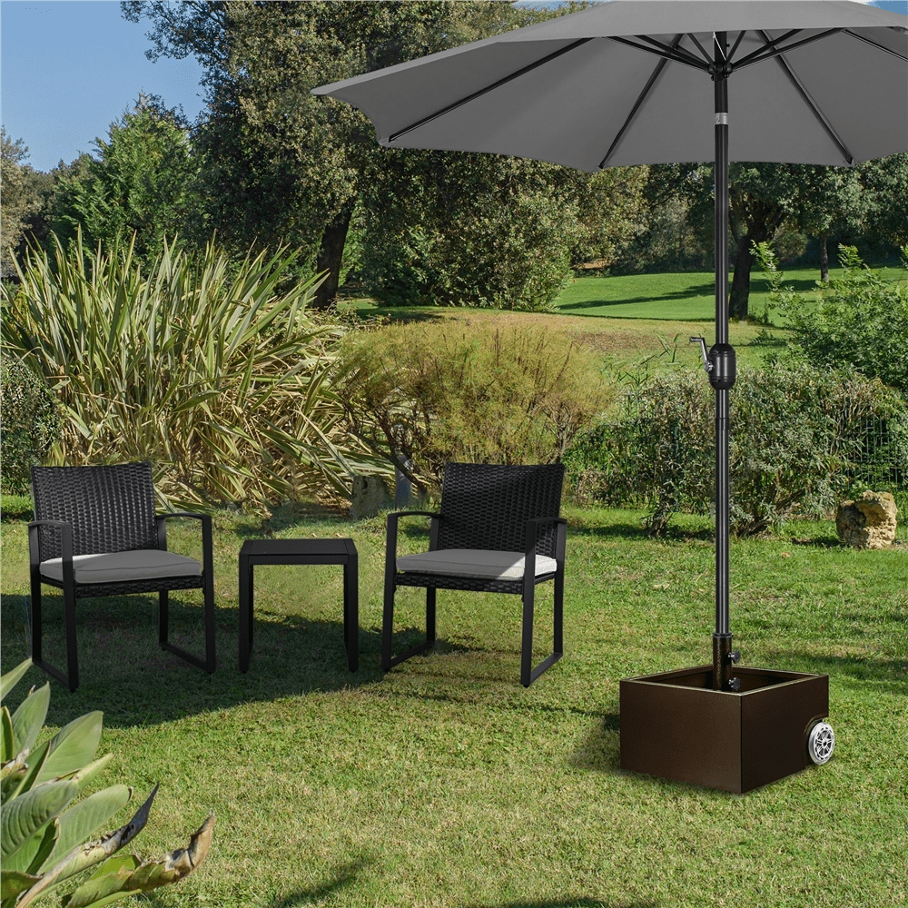 Renwick Portable Metal Umbrella Base with Fillable Planter and Wheels, Brown