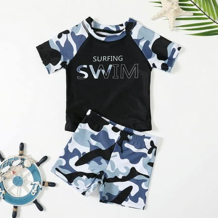 

Toddler/Baby Boys Swimsuit Bathing Suits Set 2-Piece Short Sleeve Rash Guard Swimwear & Swim Trunks Set Sunsuit UPF 50+