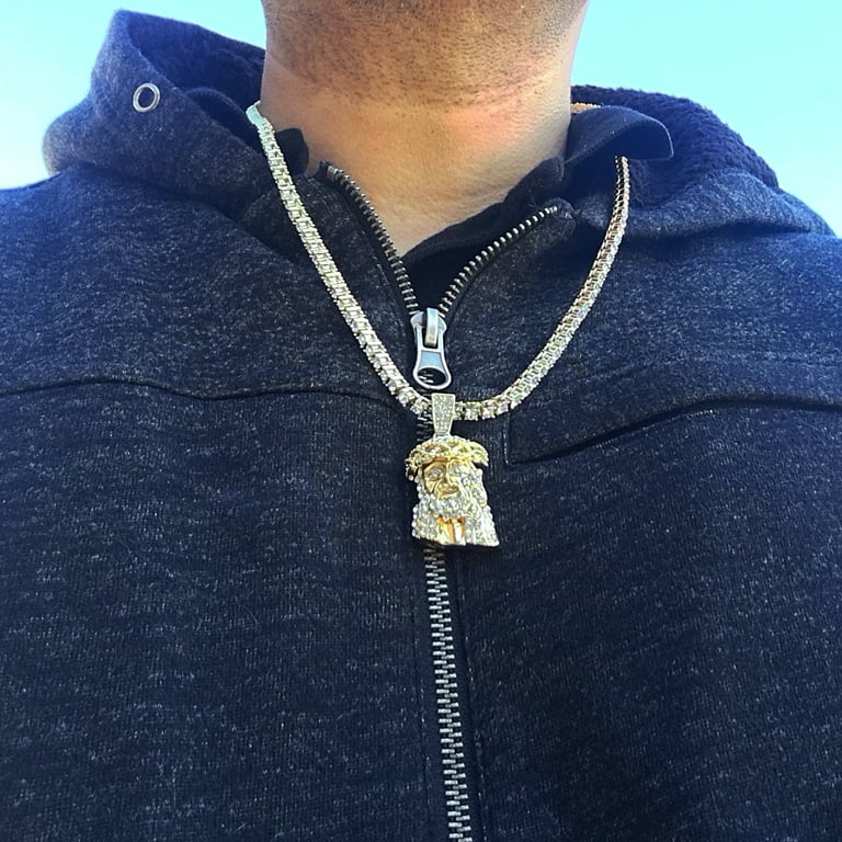 Jesus Head Pendant Tennis Chain Gold Finish One Row Iced Hip Hop