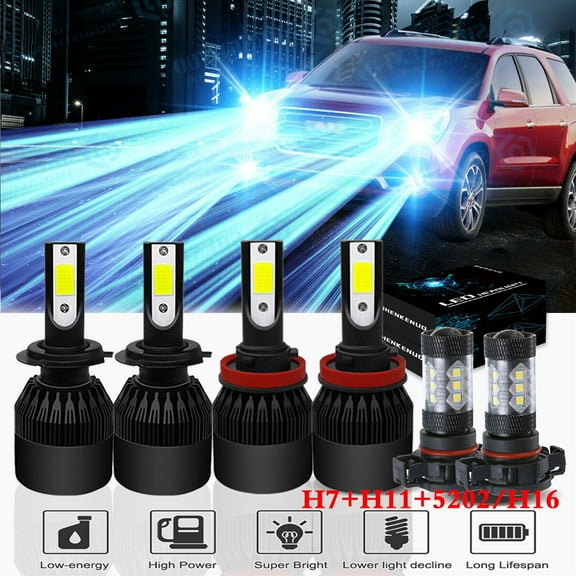 For GMC Acadia 2007-2012 8000K Ice Blue LED Headlight Bulbs,H7 H11 High Beam Low Beam 5202 Fog light,6pcs