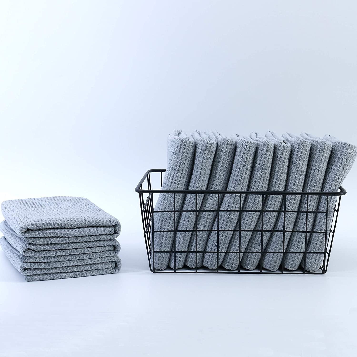 Polyte Premium Microfiber Kitchen Dish Hand Towel Waffle Weave 12 Pack 16x28 in, Gray 