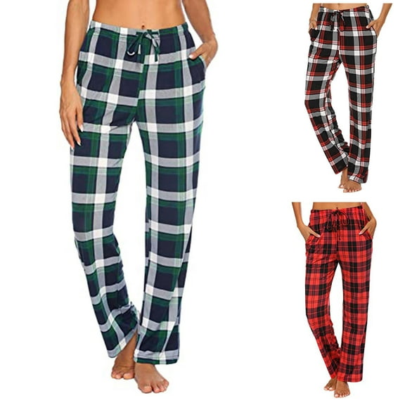 qolati Plaid Pajamas Trousers for Women Classic Fit Drawstring High Waisted Lounge Pants Casual Sleepwear Pjs Wide Leg Pants