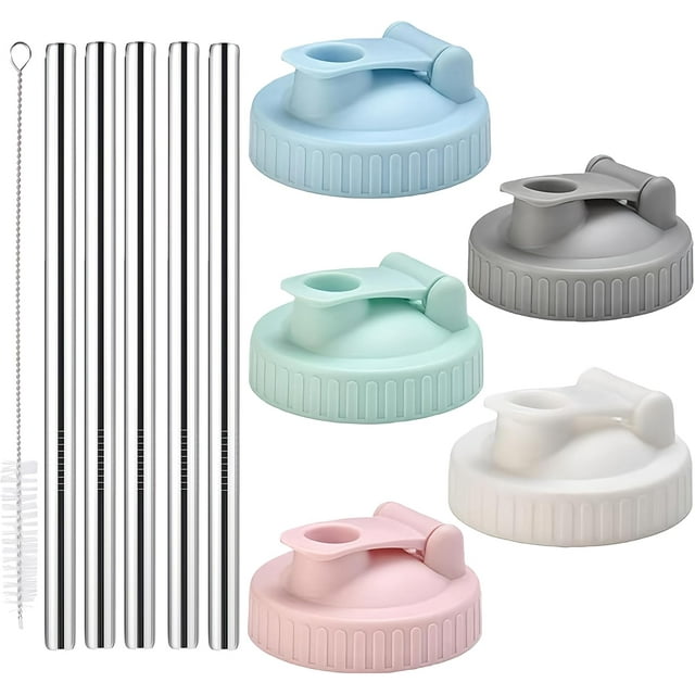 LEEYNEER 4 Pack Wide Mouth Mason Jar Lids with 4 Silicon Straws Pour Spout Flip-top Replacements Drinking Lids Fits for Wide Mouth Mason Ball Jar