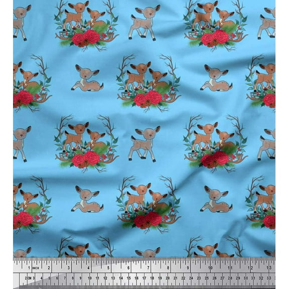 Soimoi Blue Cotton Duck Fabric Deer Animal Printed Craft Fabric by the Yard 42 Inch Wide