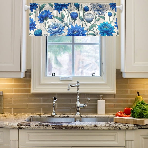 Flowers and Floral Blue Curtain Valances Farmhouse Design Window Treatment Decor Blackout Rod Pocket for Windows Living Room Kitchen 54" x 18"