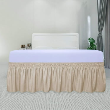 Wrap Around Ruffled Bed Skirt with Adjustable Elastic Belt - 18 Inch Drop Easy to Put On, Wrinkle Free Bedskirt Dust Ruffles, Bed Frame Cover for Queen, King and C-King Size Beds, Beige