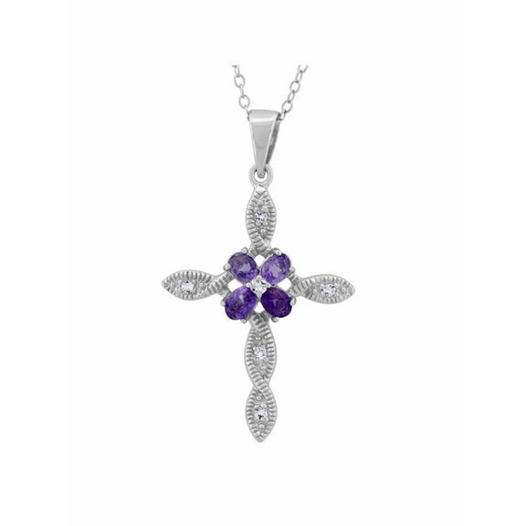 Amethyst and White Topaz Sterling Silver Cross Pendant, 18"