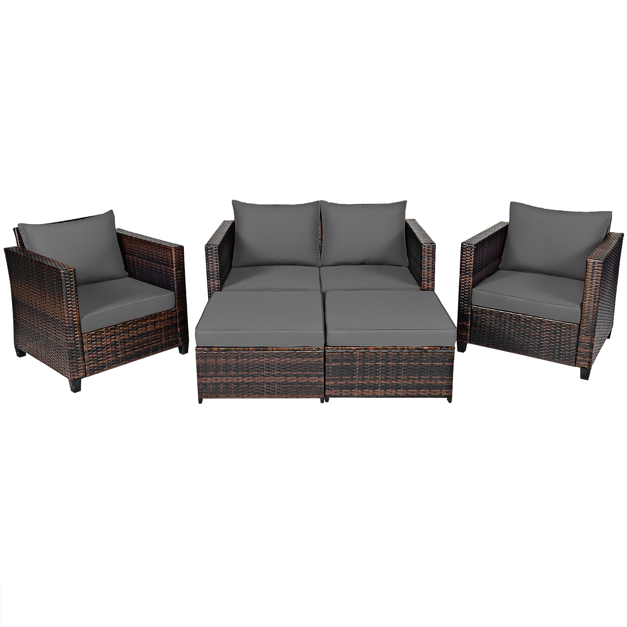 Costway 5PCS Patio Rattan Furniture Set Loveseat Sofa Ottoman Cushioned Gray