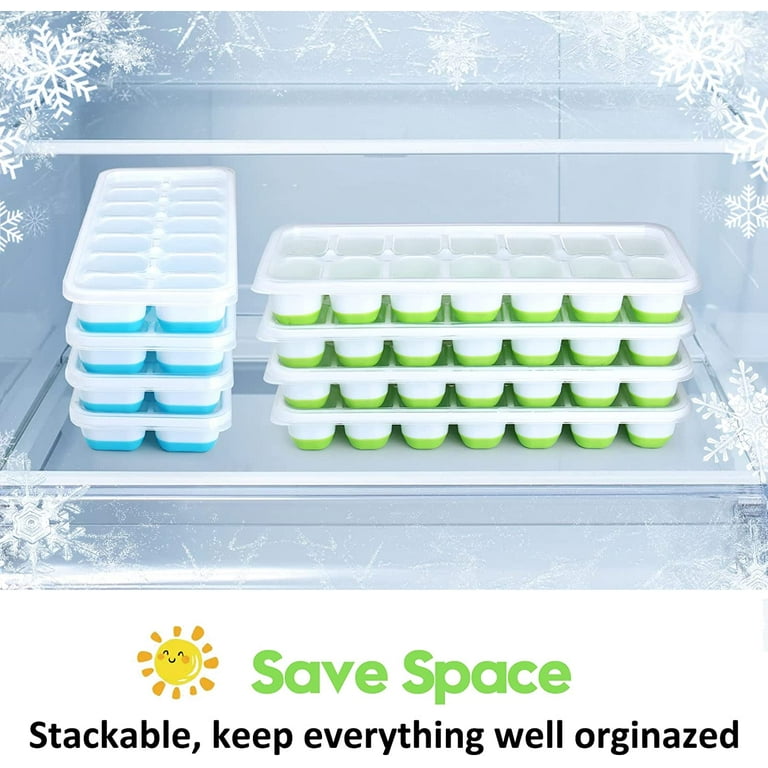 ARTLEO Ice Cube Tray with Lid and Bin, 4 Pack Silicone Plastic Ice Cube Trays for Freezer with Ice Storage Box, Easy Release Ice Trays with