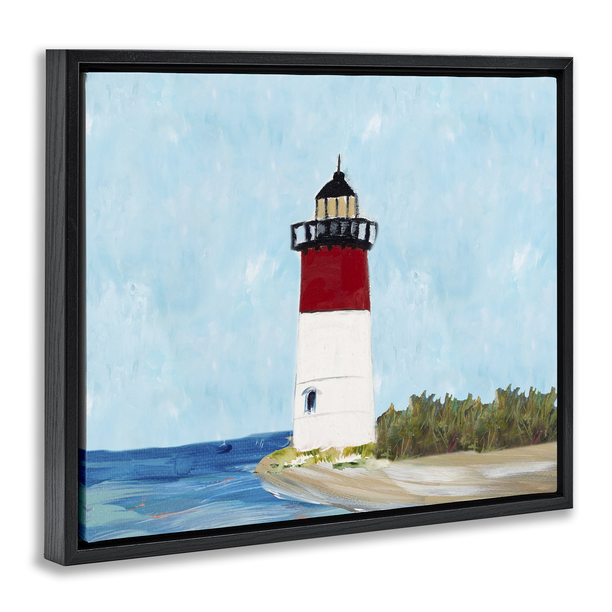 Stupell Industries Coastal Lighthouse on Blue Coastal Painting Black Floater Framed Canvas Art Print Wall Art, 31 x 25