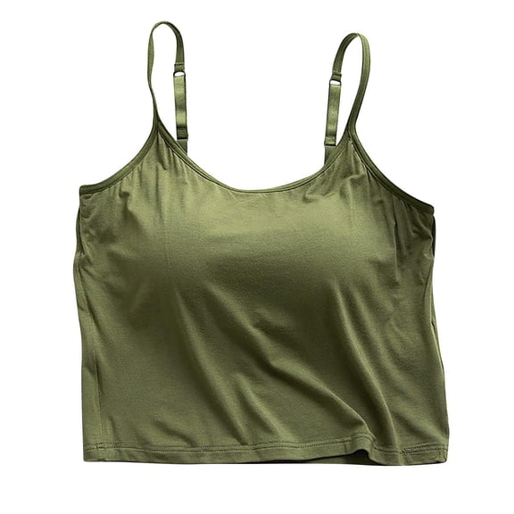 Qiopertar Women's Crop Tank Tops with Built-in Bra Seamless Sleeveless Camisoles Casual Comfy Yoga Sports Bras Lightweight Stretchy Workout Tops, Army Green M