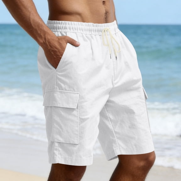 Domuza Mens Linen Cargo Shorts Casual Drawstring Shorts Relaxed Fit Summer Beach Shorts with Pockets White 2XL