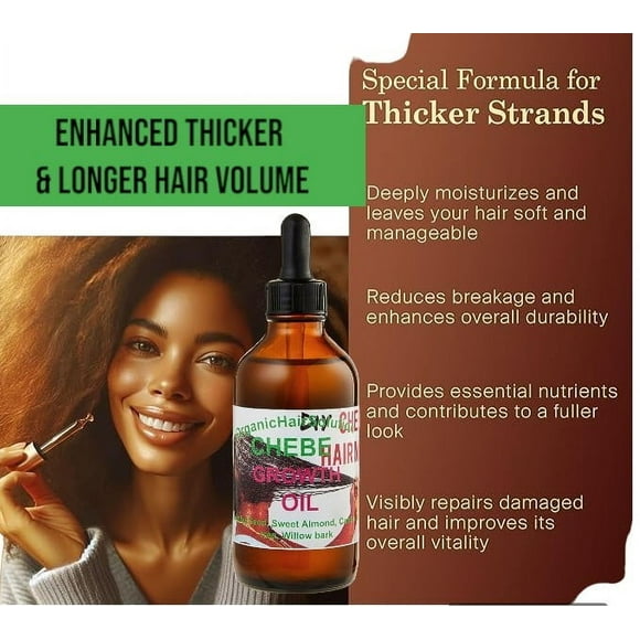 Africano Chebe Oil -Hair Growth Suero - para más fuerte, más grueso y largo, para el cuero cabelludo y el cabello seco con aceite de ricino - argán, romero (4 oz)